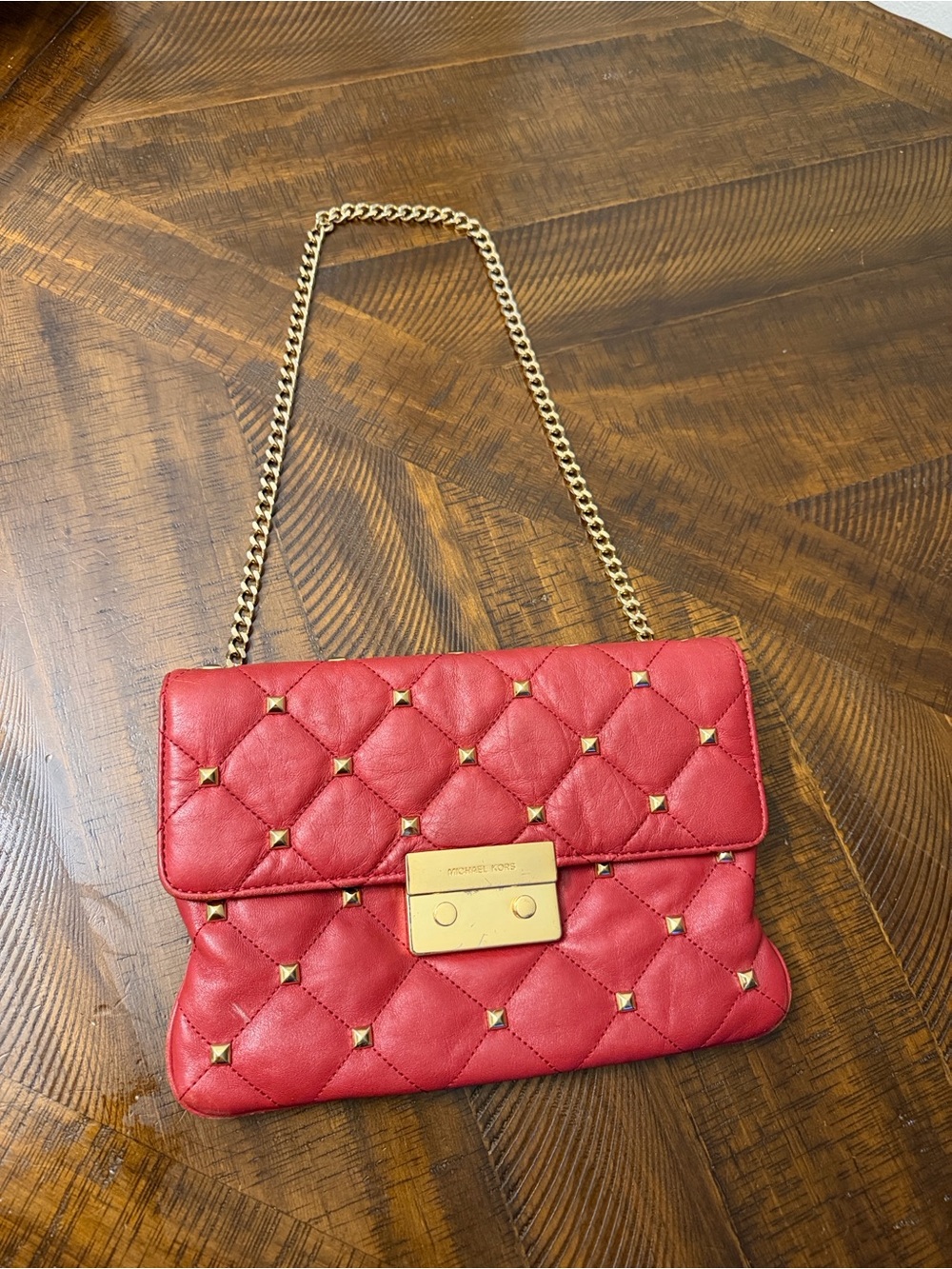Michael Kors Red Quilted Stud Chain Shoulder Bag with Gold Hardware